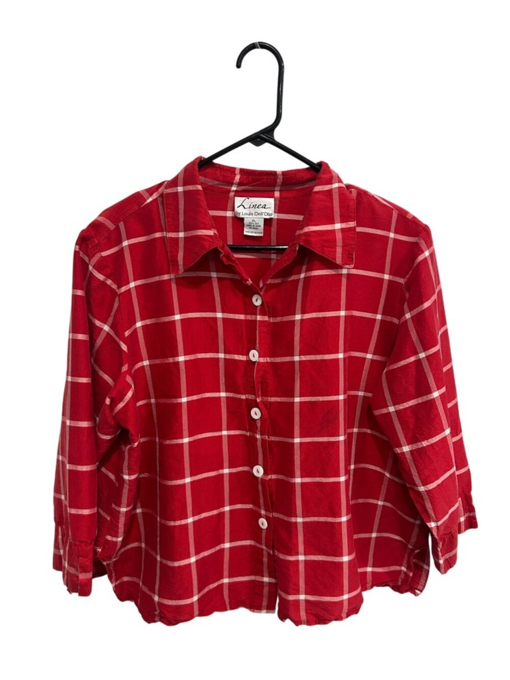 Linea By Louis DellOlio XL Red Plaid 100% Silk Button-Up Shirt Classic